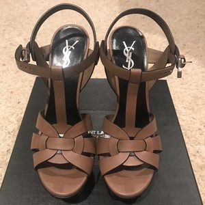 YSL Tribute Sandals in beige leather.